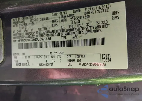 2013 Ford Escape Se z USA, uszkodzony, nr VIN 1FMCU9GX9DUC48735